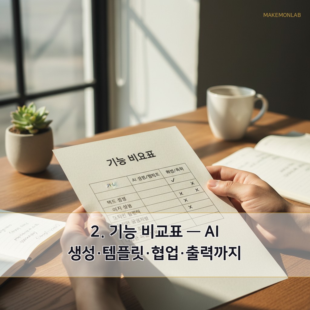 Canva AI vs Figma AI vs Adobe Express - 2. 기능 비교표 — AI 생성·템플릿·협업·출력까지