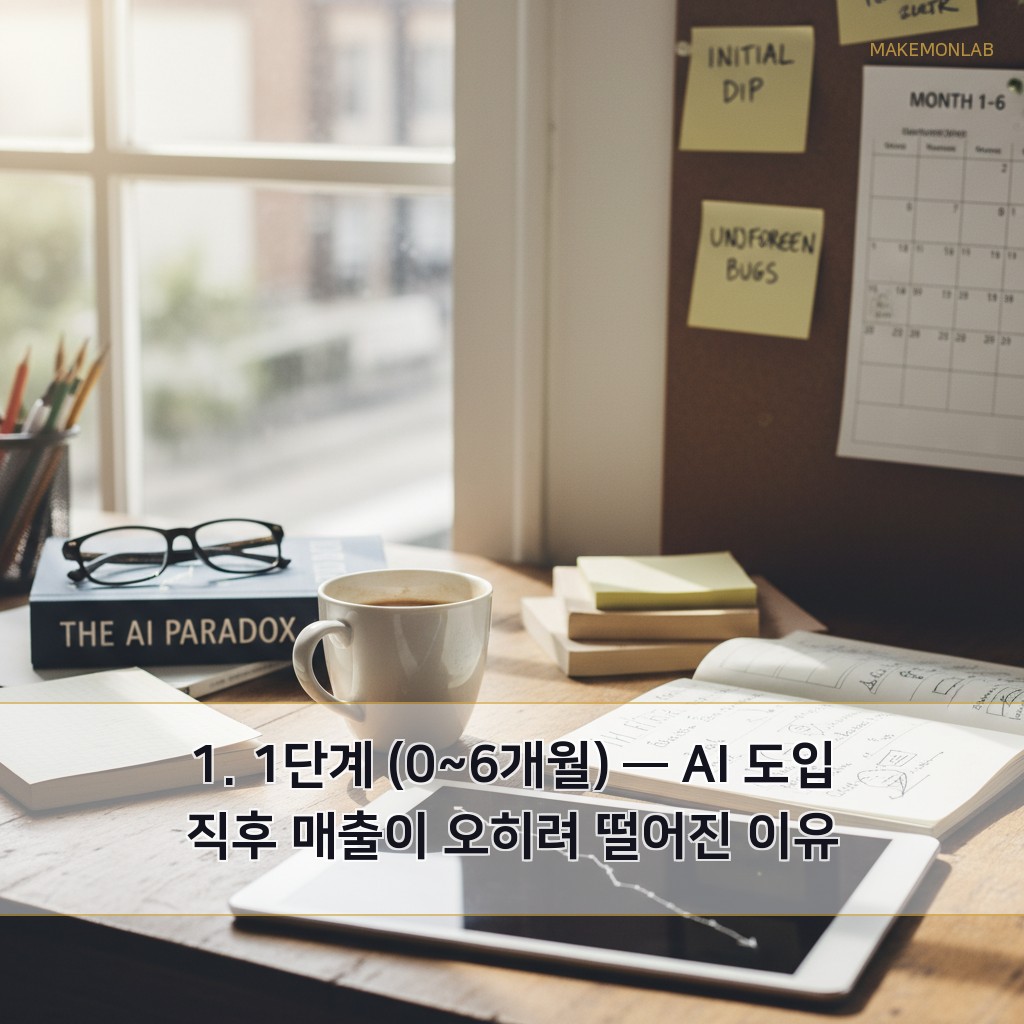 오프라인 의류 브랜드가 AI로 온라인 전환한 2년 - 1. 1단계 (0~6개월) — AI 도입 직후 매출이 오히려 떨어진 이유