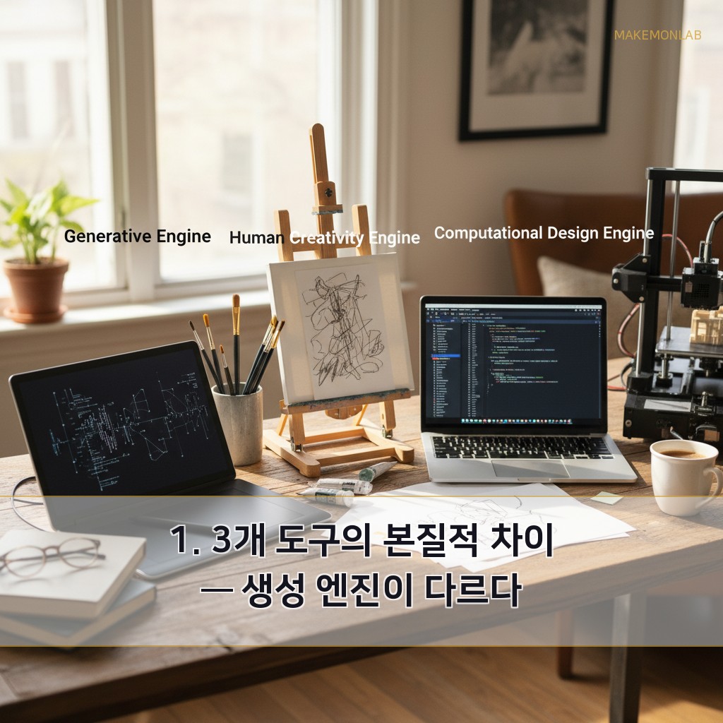 AI로 로고 디자인하기 - 1. 3개 도구의 본질적 차이 — 생성 엔진이 다르다