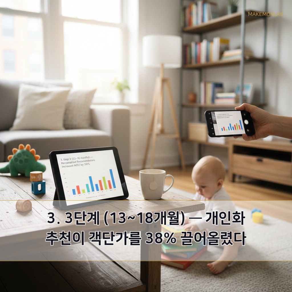오프라인 의류 브랜드가 AI로 온라인 전환한 2년 - 3. 3단계 (13~18개월) — 개인화 추천이 객단가를 38% 끌어올렸다