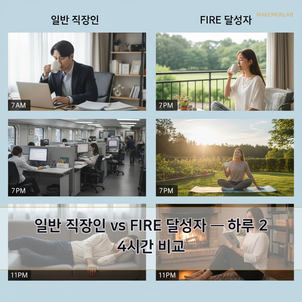 경제적 자유를 이룬 사람들의 하루 루틴 분석 - 일반 직장인 vs FIRE 달성자 — 하루 24시간 비교